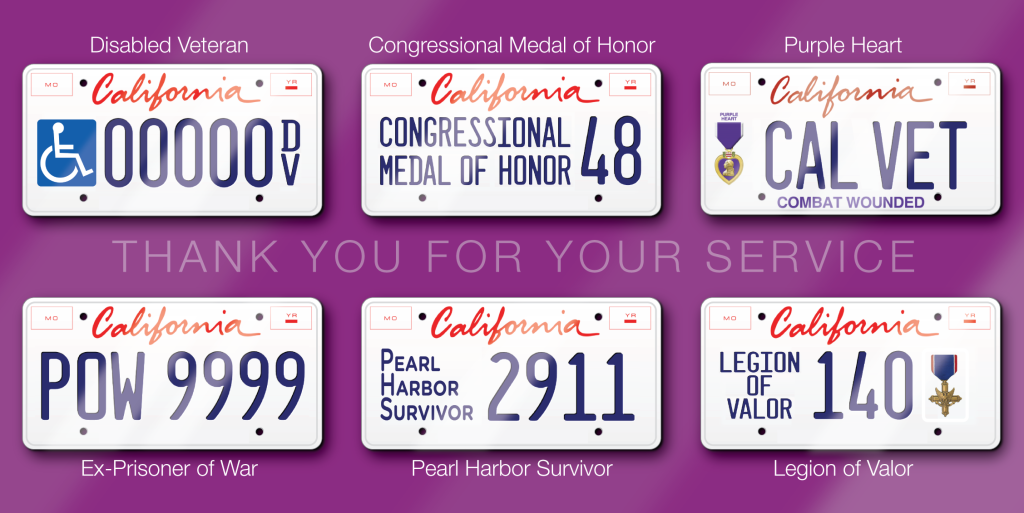 Sample graphic with the different types of plates available: Disabled veteran, Congressional Medal of Honor, Purple Heart, Ex-Prisoner of War, Pearl Harbor Survivor, Legion of Valor. The center of the graphic reads thank you for your service. 