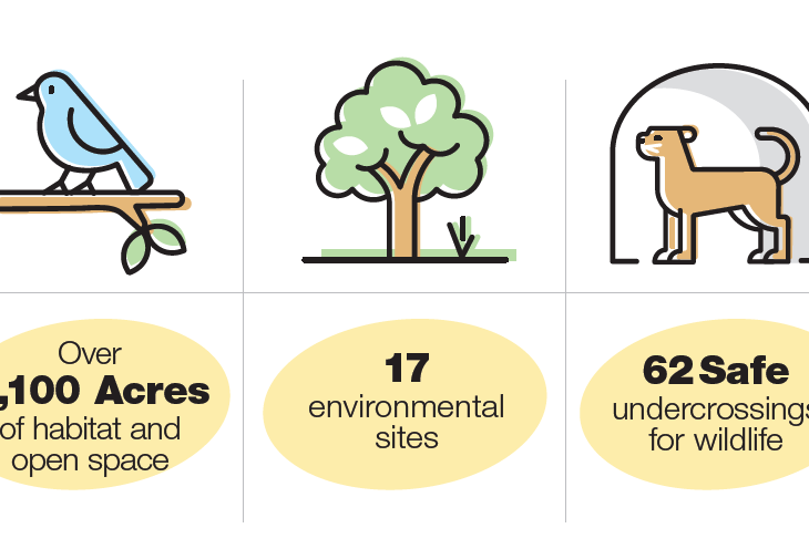 Infographic with a graphic of a bird and text that reads "Over 2,100 acres of habitat and open spaces" a graphic of a tree with text that reads "17 environmental sites" a graphic of a mountain lion that reads "62 Undercrossings for wildlife"